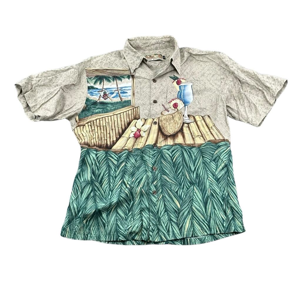 Tori Richard Shirt Men Large Tan Green Hawaiian Tiki Bar Cocktail Tropical Beach